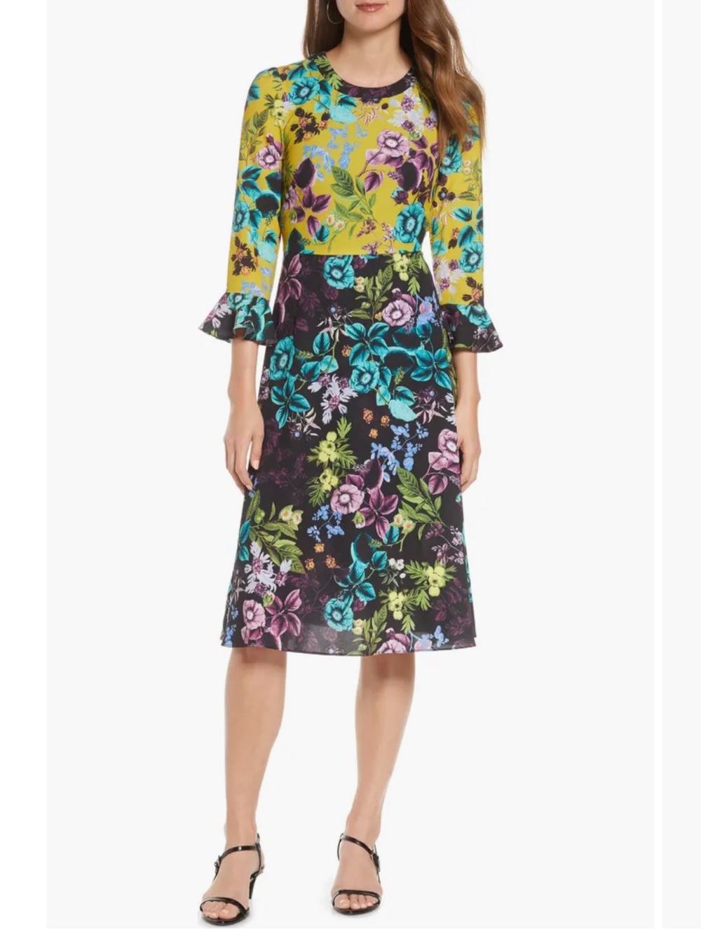 Eliza J Floral Colorblock Jewel Neck Midi Dress Floral Two-Tone Bell Sleeve 8P